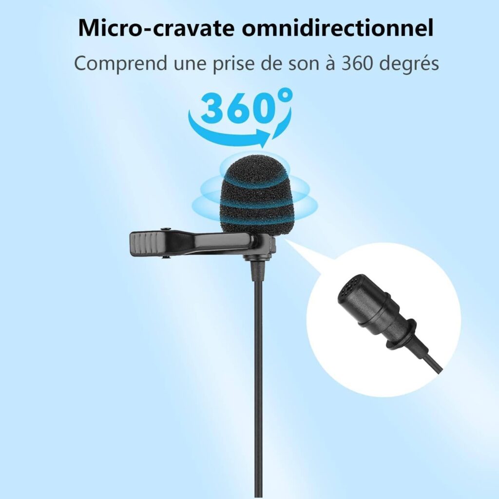 Micro cravate Jack 3,5mm Omnidirectionnel 360° Haute Qualité avec Câble 2m, LinQ - Noir - Français Micro cravate Jack 3,5mm Omnidirectionnel 360° Haute Qualité avec Câble 2m, LinQ - Noir - Français