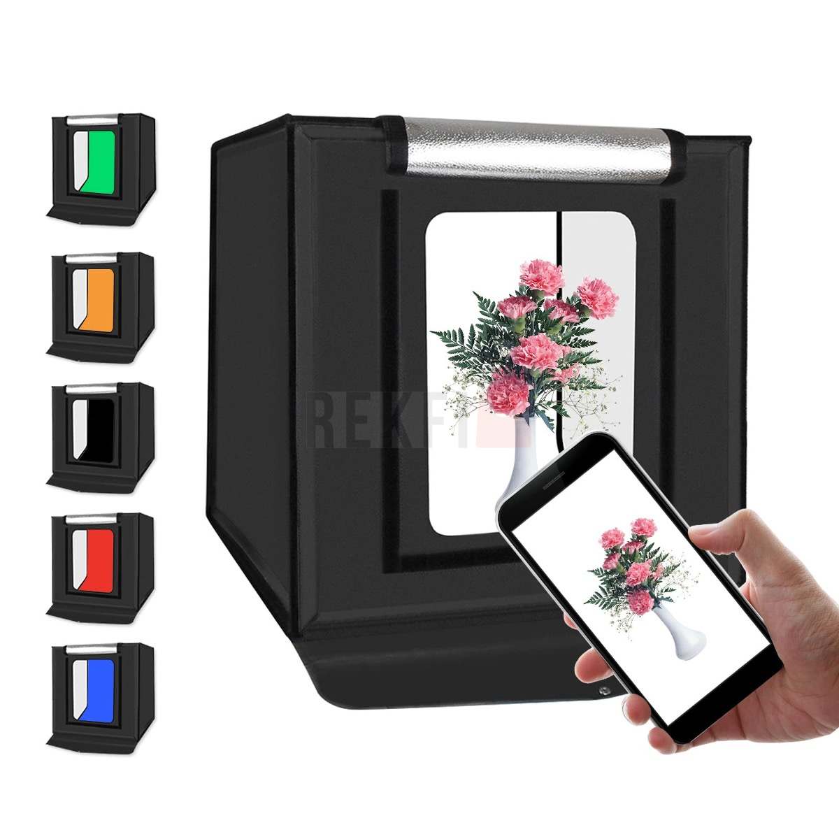Kit de studio photo - 60 x 60 cm - Boîte à lumière pliable - Cube lumineux - Pour photographie professionnelle - Intensité variable - Avec bandes lumineuses LED mobiles de 5500 K - 5 arrière-plans