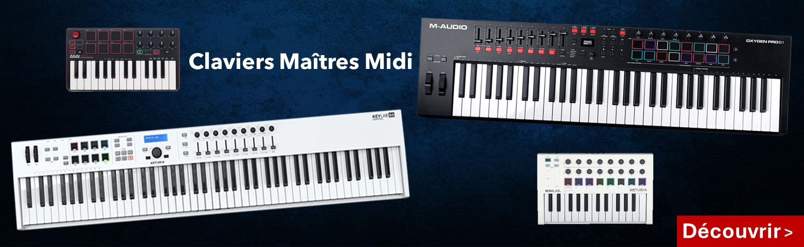 Claviers maitres midi: AKAI Professional MPK Mini MK3, Clavier maître Arturia KeyLab Essential 88, Clavier M-Audio Oxygen Pro 61, Clavier Arturia MiniLab 3 Blanc