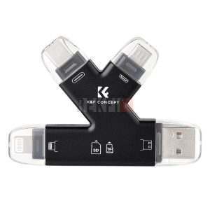 K&F Concept KF42.0006 – Lecteur Carte SD 4-en-1 USB-C/Lightning/Micro USB Compatible PC, Android, iPhone, TF/microSD