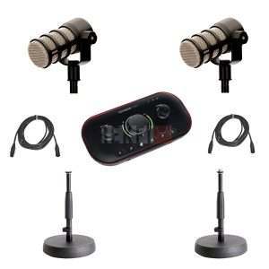 Pack DUO Podcasting Complet pour 2 Personnes – Focusrite Vocaster Two + Rode PodMic + Pieds de Table & Câbles Pro