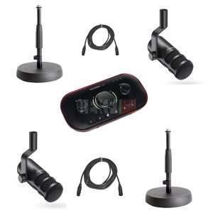 Pack de Podcasting 2 personnes – Focusrite Vocaster Two + 2x Maono PD100 + 2x Pieds de table + Câbles XLR