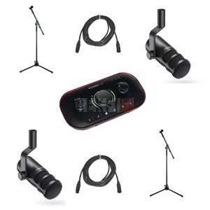 Pack de Podcasting 2 personnes – Focusrite Vocaster Two + 2x Maono PD100 + 2x Trépieds Robustes + Câbles XLR