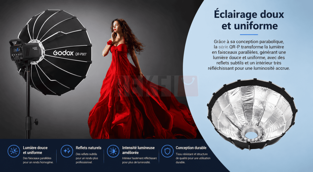 Softbox parabolique Godox QR P60T blanche avec interieur argente visible monture Bowens S integree diffuseur externe monte sac de transport a cote presentee sur fond neutre de studio 1