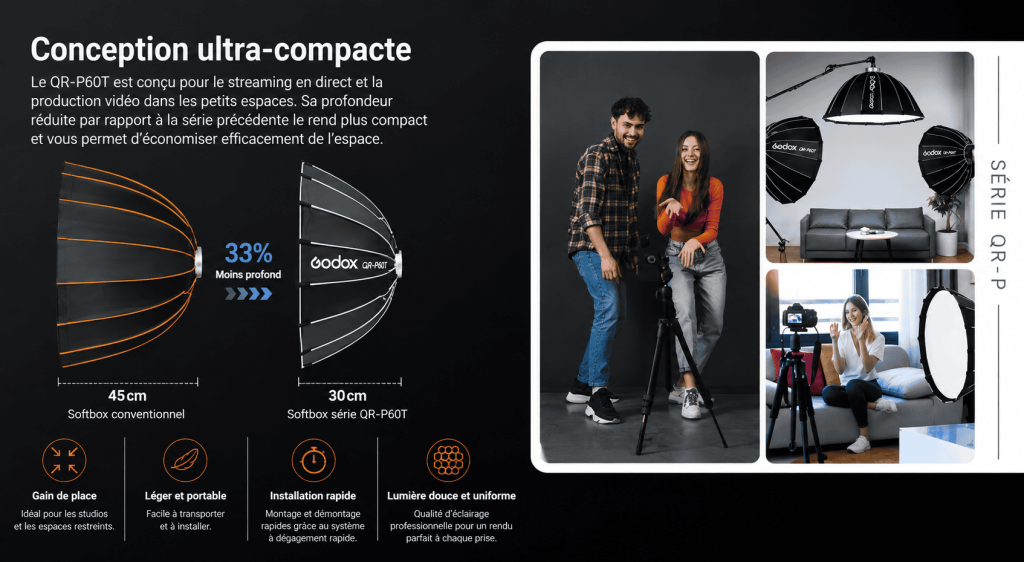Softbox parabolique Godox QR P60T blanche avec interieur argente visible monture Bowens S integree diffuseur externe monte sac de transport a cote presentee sur fond neutre de studio