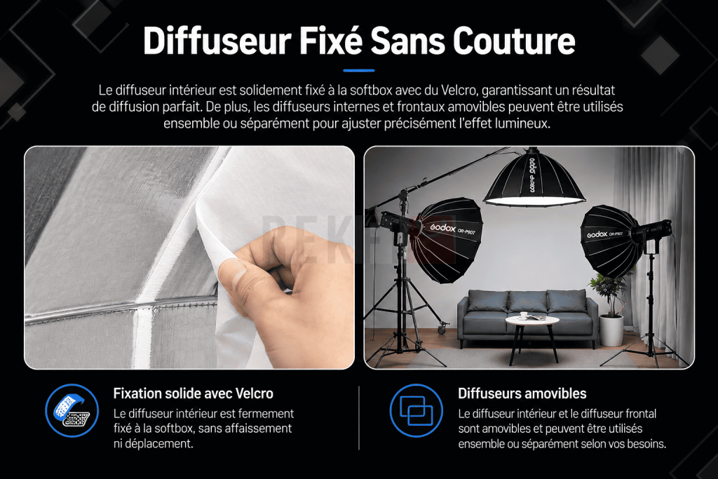 Softbox parabolique Godox QR P60T blanche avec interieur argente visible monture Bowens S integree diffuseur externe monte sac de transport a cote presentee sur fond neutre de studio 2