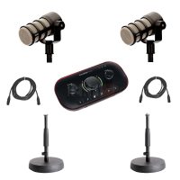 Pack DUO Podcasting Complet pour 2 Personnes – Focusrite Vocaster Two + Rode PodMic + Pieds de Table & Câbles Pro