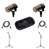 Pack DUO Podcasting Complet pour 2 Personnes – Focusrite Vocaster Two + Rode PodMic + TrePieds & Câbles Pro