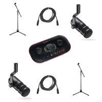 Pack de Podcasting 2 personnes – Focusrite Vocaster Two + 2x Maono PD100 + 2x Trépieds Robustes + Câbles XLR