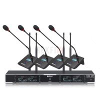 Système de Microphones Sans Fil pour Conférence Debra Audio R404 UHF – 4 Micros Col de Cygne 360° Cardioïde, Canaux Réglables, Récepteur Pro XLR/Jack , idéal pour les conférences et les discours