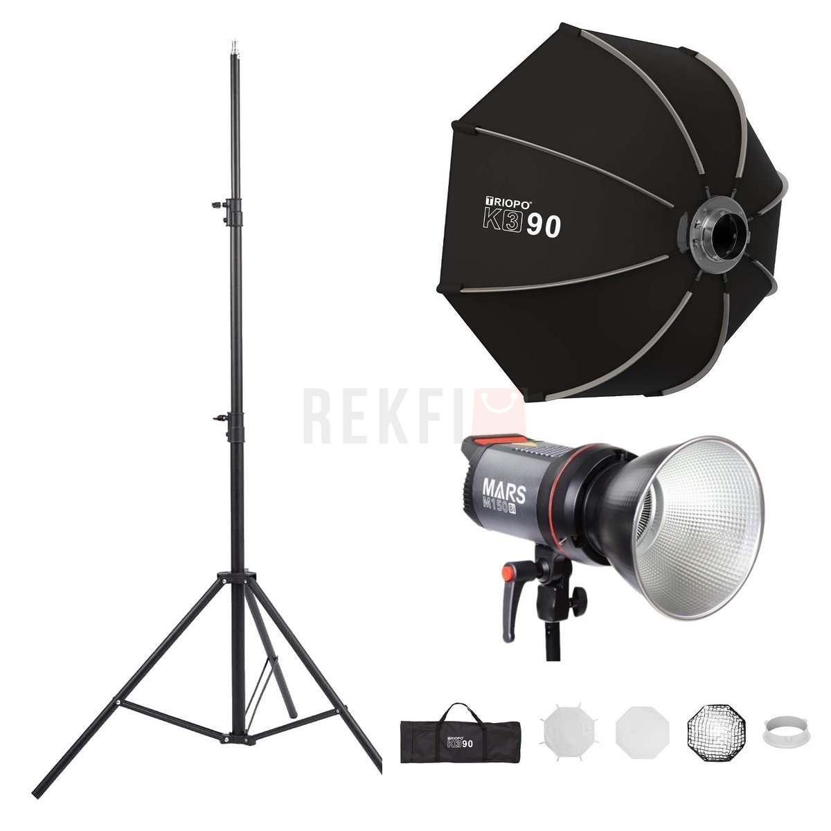 Kit d'éclairage studio Triopo Mars M-150Bi – Lampe LED COB bicolore 150 W + softbox octogonale Triopo K3-65 avec grille + pied de lumière Selens 2,6 m